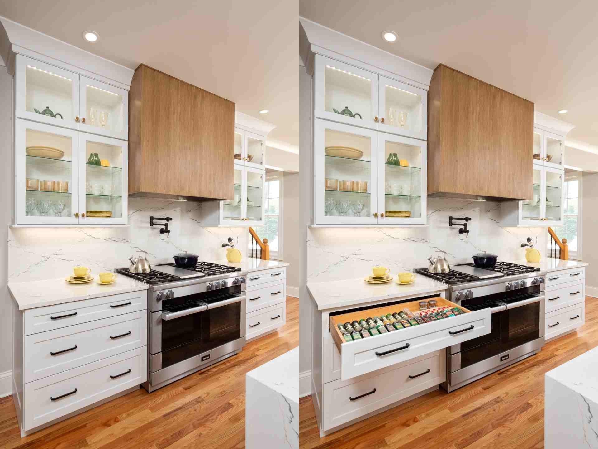 KBW Custom Kitchen Range Hood Kitchen prep area with spice storage